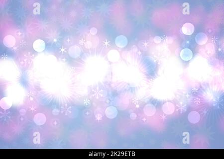 Blauer Hintergrund für Partyeinladungen. Abstrakte, zarte, hellblaue, türkisfarbene, rosa Bokeh-Textur mit Sternen. Wunderschöne Kulisse für die Gestaltung der Einladung zu verschiedenen Feiertagen. Stockfoto