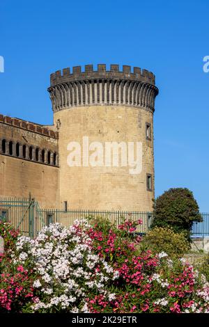 Mittelalterliches Castel Nuovo in der Nähe des Hafens von Neapel, Vorderansicht der Backsteintürme, Neapel, Italien Stockfoto