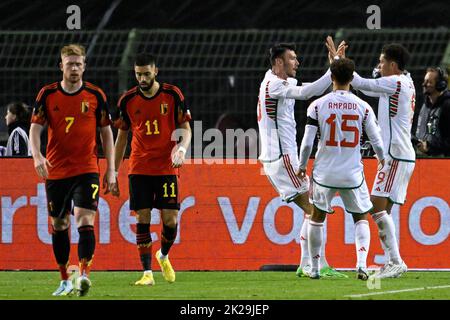 Brüssel, Belgien, 22. September 2022, Welsh Kieffer Moore feiert nach einem Tor während eines Fußballspiels zwischen der belgischen Nationalmannschaft der Roten Teufel und Wales, Donnerstag, 22. September 2022 in Brüssel, Spiel 5 (von sechs) in der Nations League A Gruppenphase. BELGA FOTO LAURIE DIEFFEMBACQ Stockfoto