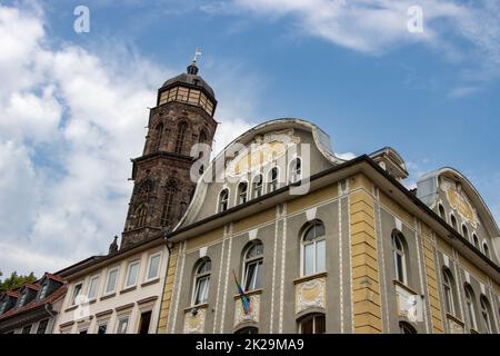 Die evangelische Lutherische Pfarrkirche St. Jacobi in der Altstadt von GÃ¶ttingen in Niedersachsen ist eine gotische Kirche mit drei Schiffen, die zwischen 1361 und 1433 erbaut wurde. Der Kirchenpatron ist James der Ältere. Mit 72 Metern Höhe ist der Kirchturm das höchste Gebäude Stockfoto