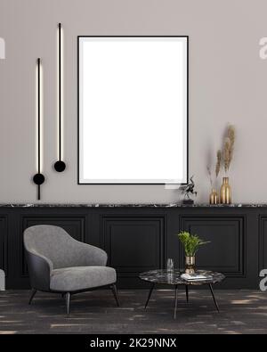Verticall Rahmen Aufhängen an der Wand im Wohnzimmer 3D-Illustration Stockfoto