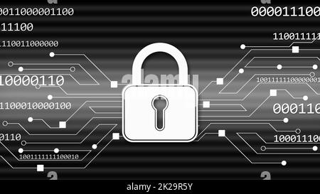 Sicherheitstechnologiekonzept - Verbindungsleitungen für binäre Code-Informationen zum Vorhängeschloss Stockfoto