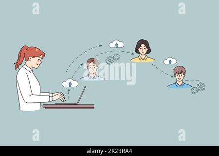 Geschäftsfrau vernetzt sich mit Kollegen im Netzwerk Stockfoto