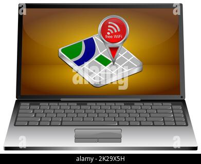 Laptop mit roter Karte Zeiger mit kostenfreiem WLAN Symbol - 3D-Darstellung Stockfoto