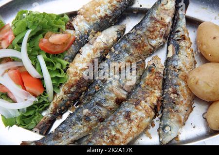 Frisch gegrillte Sardinen mit Kartoffeln und Salat. Portugal Stockfoto