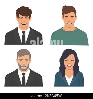 Cartoon lachende Männer und Frauen, fröhliche Gesichter, lächelnde Gesichter, Vektorfigur. Stockfoto