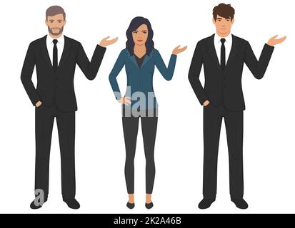 Geschäftsfrau und Mann in Posen. Gesten zeigen, zeigen, stehen, isoliert Vektor-Illustration Stockfoto