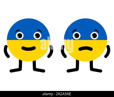 Zwei Zeichen in Form der ukrainischen Nationalflagge. Glückliches und trauriges Cartoon-Emoticon wird als Ukraine dargestellt. Süße Emoji-Gesichter symbolisieren die Situation im Land während militärischer Operationen. Stockfoto