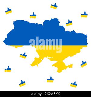 Wie eine Karte der Ukraine. Konzeptionelle Ikone in Form von Daumen nach oben, farbig in den Farben der ukrainischen Flagge, um Land, Nation und Militär gegen Aggression aus Russland zu unterstützen. Verhindern Sie den Weltkrieg. Stockfoto