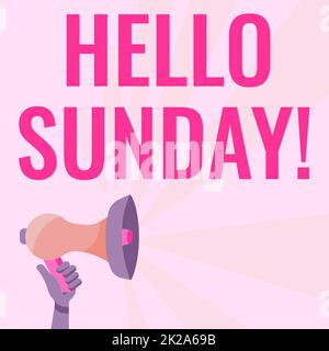 Schild mit der Aufschrift „Hello Sunday“. Konzept bedeutet inspirierte positive Begrüßung für ein glückliches Wochenende Illustration von Hand-Halten-Megafon mit Sun Ray macht Ankündigung. Stockfoto