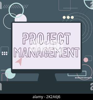 Das Schild zeigt Project Management an. Konzeptionelle Fotoübung der Arbeit eines Teams zur Erreichung bestimmter Ziele Abbildung des Cursors auf einem leeren Bildschirm Monitor Suchideen. Stockfoto