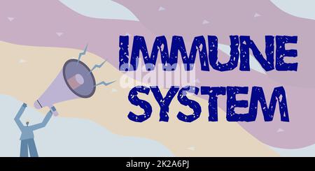 Begrifflicher Titel Immunsystem. Geschäftsidee Host Abwehrsystem mit vielen biologischen Strukturen Illustration eines Mannes, der wegzeigt Megaphon hält und neue Ankündigung macht. Stockfoto