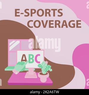 Inspiration mit dem Schild „E Sports Coverage“. Business Showcase Live-Berichterstattung zum neuesten Sportwettbewerb Übertragung von Handbriefen, die auf einen Webbrowser-Bildschirm mit Cactus zeigen. Stockfoto