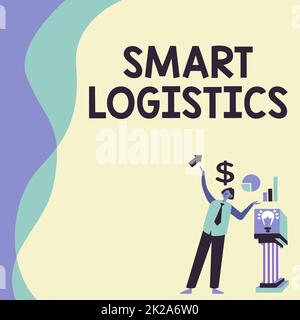 Inspiration mit dem Schild Smart Logistics. Internet-Konzept Integration intelligenter Technologie in das Logistiksystem ManStand Alone präsentiert Charts und New Financial Ideas auf dem Podium. Stockfoto