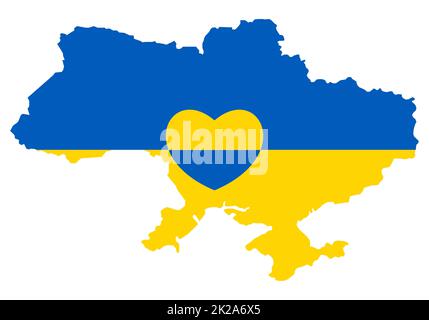 Ukrainische Karte mit Herzsymbol. Abstrakte patriotische ukrainische Flagge mit Liebessymbol. Blaue und gelbe konzeptionelle Idee - mit der Ukraine im Herzen. Unterstützung des Landes während der Besatzung. Beenden Sie den Krieg. Stockfoto