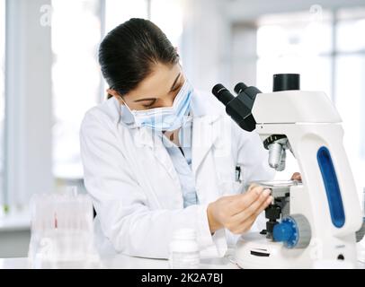 Einige neue Proben kamen zu Testzwecken. Aufnahme eines jungen Wissenschaftlers mit einem Mikroskop in einem Labor. Stockfoto