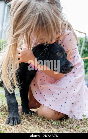 Bindung zwischen einem Welpen und Kind - Kleinkind Mädchen umarmt und küsst einen niedlichen Balck labrador Retriever Welpen. Stockfoto