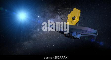 James Webb Space Telescope reist und erkundet den Weltraum vor dem Hintergrund der Galaxie. 3D Abbildung Stockfoto