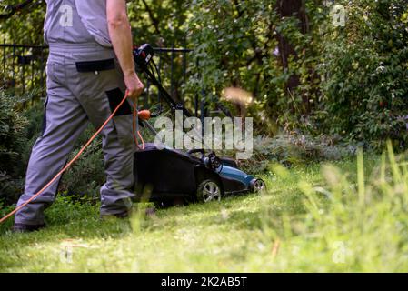 Mann mäht Rasen im Garten Stockfoto