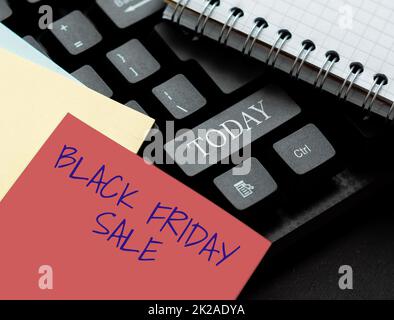 Textunterschrift zur Präsentation der Black Friday-Angebote. Geschäftsidee mit Exclusive-Produkten die Käufer anziehen, ist günstiger, wenn Sie Bildschlüsselwort und -Beschreibung eingeben, Word Definition und Bedeutung eingeben Stockfoto