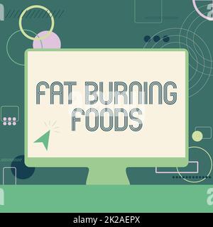 Textunterschrift präsentiert: Fat Burning Foods. Geschäftsansatz Fettabbau durch Stimulierung des Stoffwechsels zur Verringerung des Appetits Illustration des Cursors in Blank Screen Monitor Such Ideen. Stockfoto