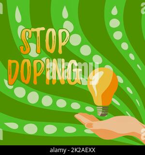 Textzeichen mit „Stop Doping“ (Doping stoppen). Geschäftsidee nicht verwenden verbotene sportliche Leistung verbessern Drogen Frauenhändchenlampe mit formellem Outfit präsentieren neue Ideen für Projekt Stockfoto