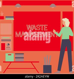 Textüberschrift zur Abfallentsorgung. Wort für Abfallwirtschaftsfrau Gelegenheitliches Stehen mit Charts und neuen wunderbaren Ideen. Stockfoto
