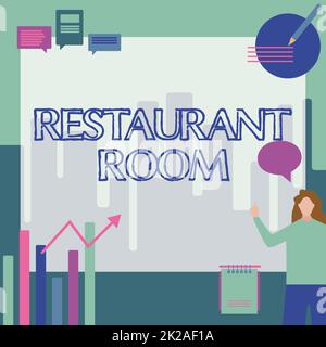 Konzeptioneller Ausstellungsraum im Restaurant. Geschäftskonzept, das gekochte und servierte Mahlzeiten im Sitzen zeigt Geschäftsfrau mit ungezwungenem Stehen und Karten und neuen wunderbaren Ideen. Stockfoto