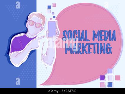 Text, der Inspiration für Social Media Marketing zeigt. Ein Wort zur Nutzung von Website und Netzwerk zur Werbung für die Produktlinie des Service für Guy Holding Phone, das neue Ideen mit einer Sprechblase präsentiert. Stockfoto