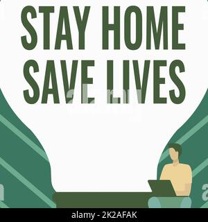 Handschrift Text Stay Home Save Lives. Geschäftsidee verringert die Anzahl der infizierten Patienten, indem sie das Haus nicht verlassen Gentleman sitzen und Laptop neben Einer großen Glühbirne verwenden. Stockfoto