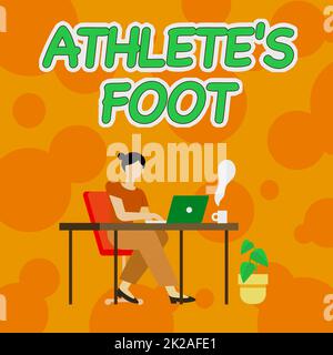 Text, der Inspiration für Athlete S IS Foot zeigt. Unternehmen zeigen eine Pilzinfektion des Fußes, die durch Blasen gekennzeichnet ist Frau, die mit Laptop Rückansicht sitzt und die Arbeit von zu Hause aus aktiv erledigt Stockfoto