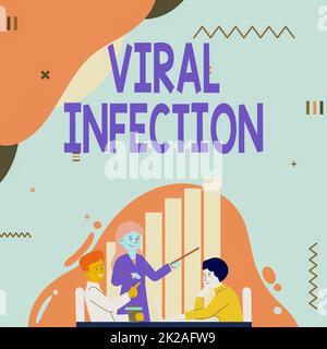 Textzeichen zeigt Virusinfektion. Business zeigt spezifische Angriffe der menschlichen Zellen von der Vermehrung des schädlichen Virus Lady Drawing erklärt ihrem Teamkollegen Prozessschritte. Stockfoto