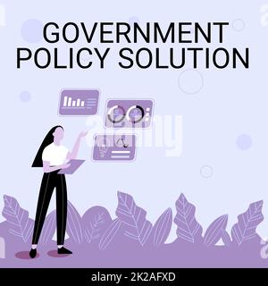 Handschrift Text Government Policy Solution. Geschäftsidee entworfener Spielplan als Reaktion auf eine Notfallkatastrophe Illustration of Girl Sharing Ideas for Skill Diskutieren von Arbeitsstrategien. Stockfoto