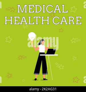 Konzeptüberschrift Medical Health Care. Geschäftsübersicht Wiederherstellung unseres körperlichen und geistigen Wohlbefindens Illustration von Mädchen, die Laptops verwenden, welche Ideen haben und eine Checkliste erstellen. Stockfoto