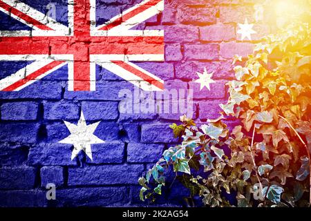 Australische Grunge-Flagge an der Backsteinwand mit Blick auf die Efeu-Pflanze und den Sonnenschirm Stockfoto