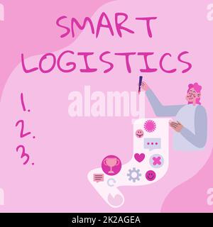 Konzeptunterschrift Smart Logistics, Konzept bedeutet Integration intelligenter Technologie in das Logistiksystem Lady presenting Paper Showing her Accomp Stockfoto