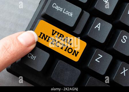 Textunterschrift mit viraler Infektion. Geschäftsansatz spezifischer Angriff der menschlichen Zellen von der Vermehrung des schädlichen Virus Typisierung Neue Ausgabe des informativen E-Books, Erstellen neuer Website-Inhalte Stockfoto