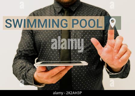 Handgeschriebener Text Swimming Pool. Business-Ansatz-Struktur, die Wasser für Freizeitaktivitäten hält und Ideen für neue Technologien präsentiert, die technologische Verbesserungen erörtern Stockfoto