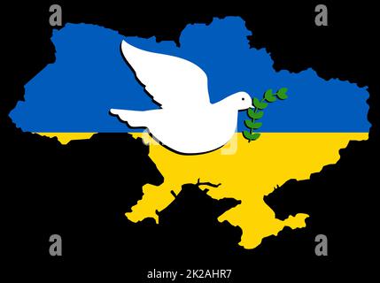 Flagge auf der Karte der Ukraine mit der Taube des Friedens. Die weiße Taube, die über das Land fliegt, hält einen Olivenzweig des Friedens. Konzept eines flatternden Vogels, der der ukrainischen Bevölkerung Ruhe und Frieden bringt. Stockfoto