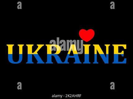 Text mit rotem Herz und Ukraine in der Farbe der Nationalflagge. Ukrainische blaue gelbe Aufschrift. Konzeptionelle Idee - mit der Ukraine im Herzen. Patriotische Friedensunterstützung und Beten für die Ukraine. Stoppt den Weltkrieg. Stockfoto