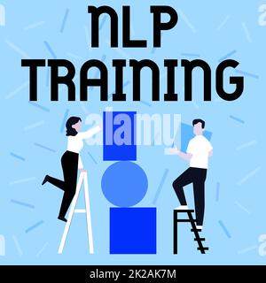 Konzeptunterschrift NLP-Schulung, Geschäftsidee Wörter haben Macht Ansatz umfasst Seminar, Coaching, Schulung und Beratung Paar Zeichnen mit Leiter Stockfoto
