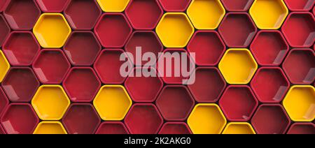 Geometrischer Hintergrund mit gelben und roten sechseckigen Zellen. Stockfoto