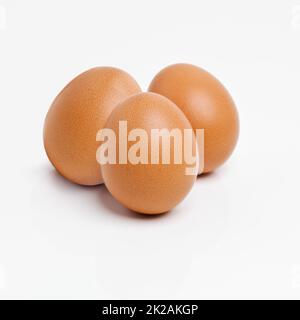 Sich gegen das langweilige Frühstück einig. Studioaufnahme von drei braunen Eiern isoliert auf Weiß. Stockfoto