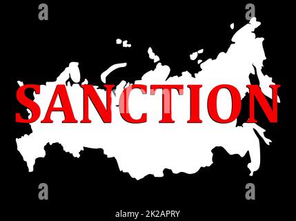 Sanktionen gegen Russland. Silhouette der Karte der russischen Föderation mit roter Text-Sanktion. Zusammenbruch und Zerstörung des Staates aufgrund von Putins Herrschaft und Angriffen auf ein Nachbarland - die Ukraine. Stockfoto