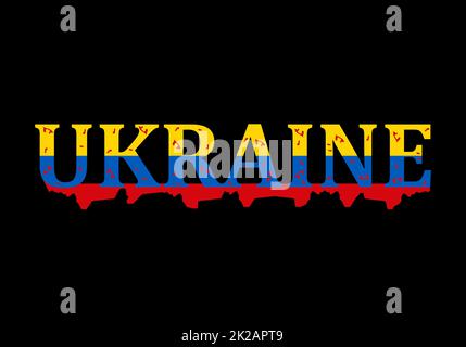 Blutiger Text in der Farbe der Nationalflagge der Ukraine. Konzept der russischen Kriegsangriffe in der Ukraine. Das Blut von Zivilisten an den Händen des feindlichen Militärs griff ein friedliches Land an. Vektordarstellung. Stockfoto