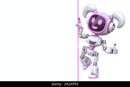 Niedliche rosa Mädchen Roboter hält leere weiße Tafel 3D Stockfoto