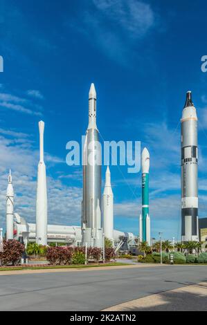 „Rocket Garden“ im Kennedy Space Center Visitor Complex in Florida. Stockfoto