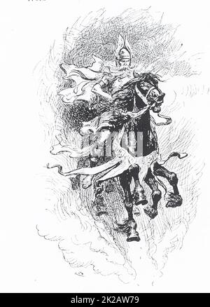 In dieser Illustration von 1913 hat Odin Sleipner, sein achtbeiniges Pferd, bestiegen. In der skandinavischen (nordischen) Mythologie war Odin einer der Hauptgötter und Herrscher von Asgard (dem Land oder der Hauptstadt der nordischen Götter). Er wird oft mit zwei Raben, Hugin (auch Huginn - und bedeutet "Gedanke") und Munin (auch Muninn und bedeutet "Erinnerung") und zwei Wölfen, Geri und Freki (beide bedeuten "gierig" oder gierig"), abgebildet. Diese Abbildung stammt aus dem Jahr 1913. Stockfoto