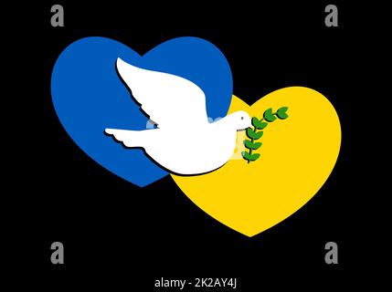 Abstrakte patriotische ukrainische Flagge in Form eines zwei Herzen mit der Taube des Friedens. Die weiße Taube fliegt und hält einen Olivenzweig des Friedens. Flatternder Vogel, der der Ukraine Frieden und Ruhe bringt. Stockfoto