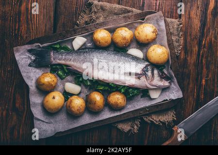 Frischer Seebarsch gefüllt mit Sorrel auf Backblech mit Kartoffeln und Zwiebeln Stockfoto